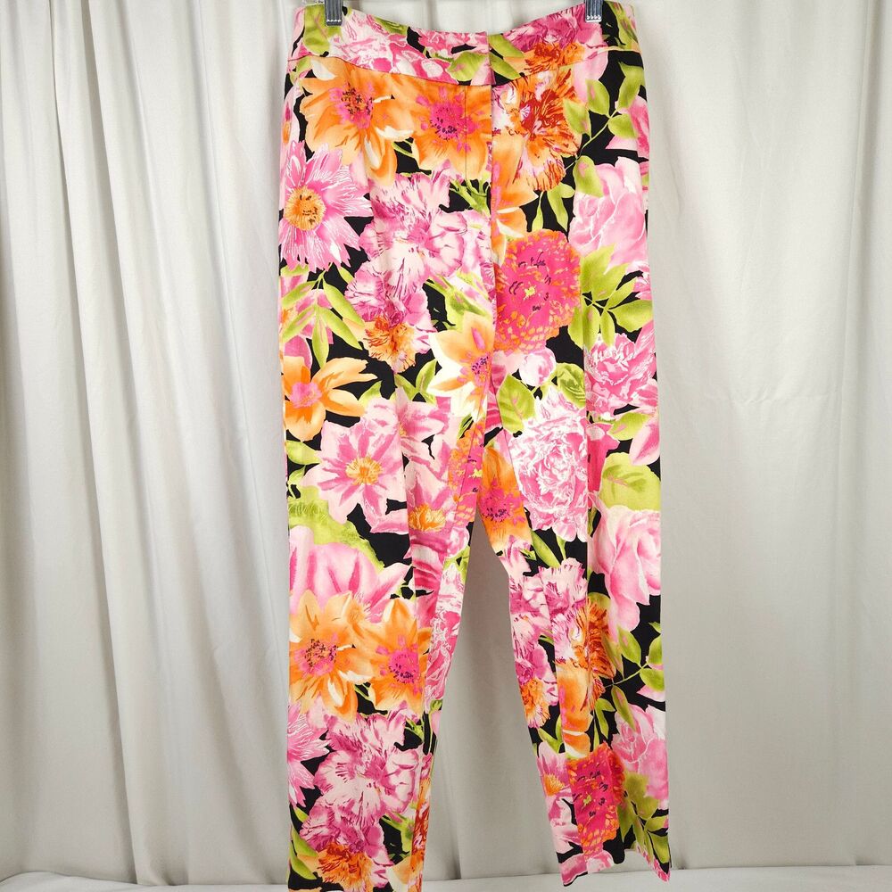Talbots Black Pink Orange Floral Mid Rise Pants Women's 10 32x27.5